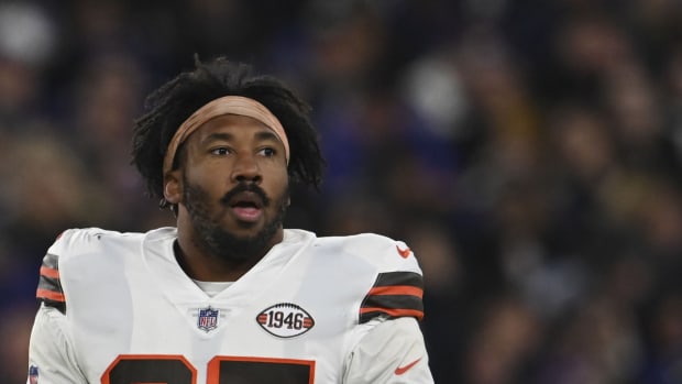 Nov 28, 2021; Baltimore, Maryland, USA; Cleveland Browns defensive end Myles Garrett (95) looks to the bench during the game against the Baltimore Ravens at M&T Bank Stadium. Mandatory Credit: Tommy Gilligan-USA TODAY Sports